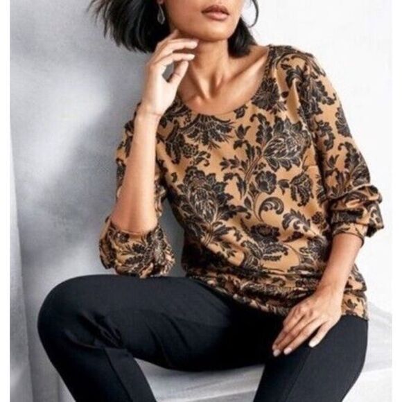 Soft Surroundings Brown/black Jacquard Jersey top petite Small - Picture 1 of 6